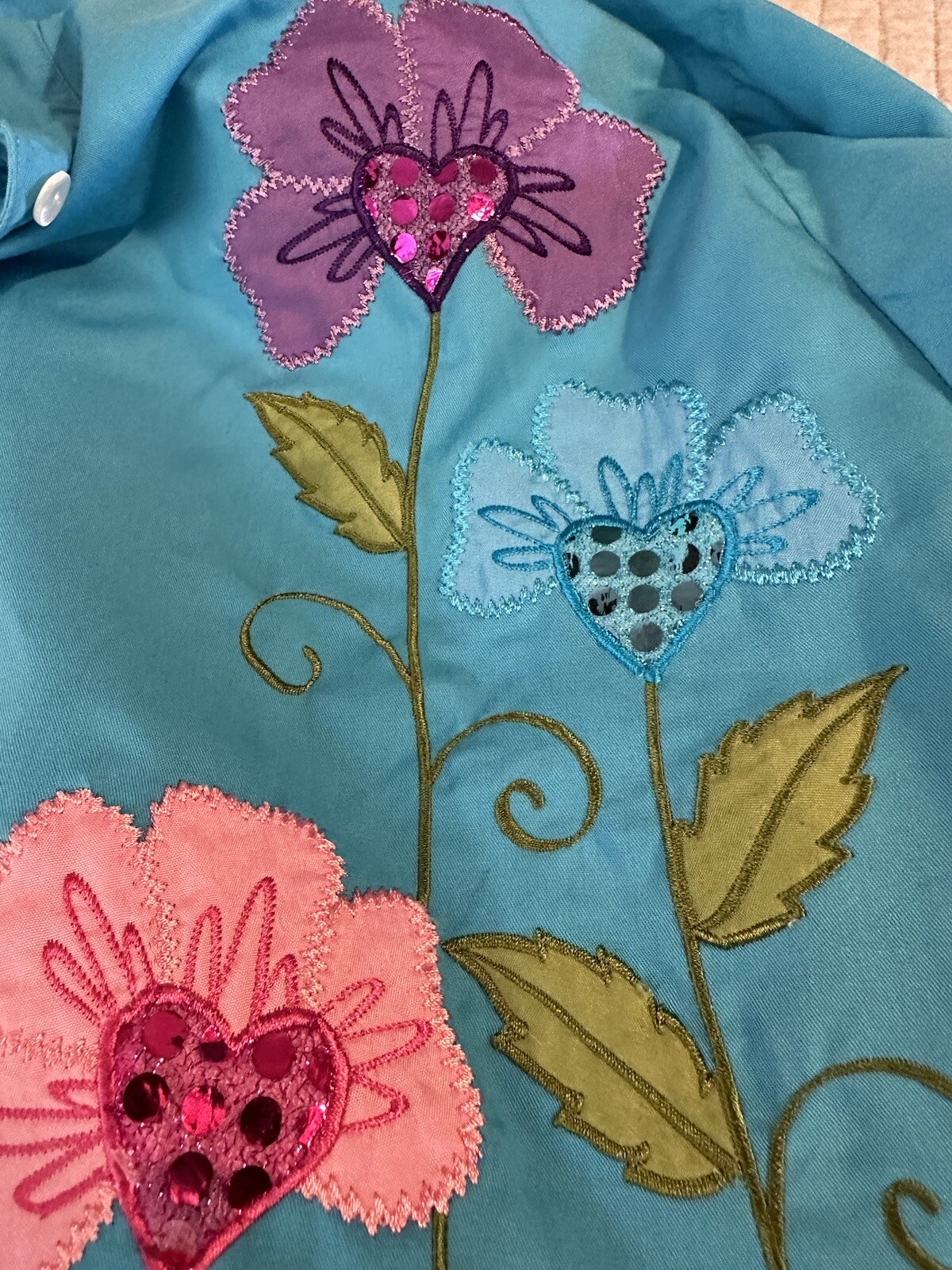 VTG Artsy CC Sportswear Blouse Button Up Womens M Embroidered Flowers Whimsical