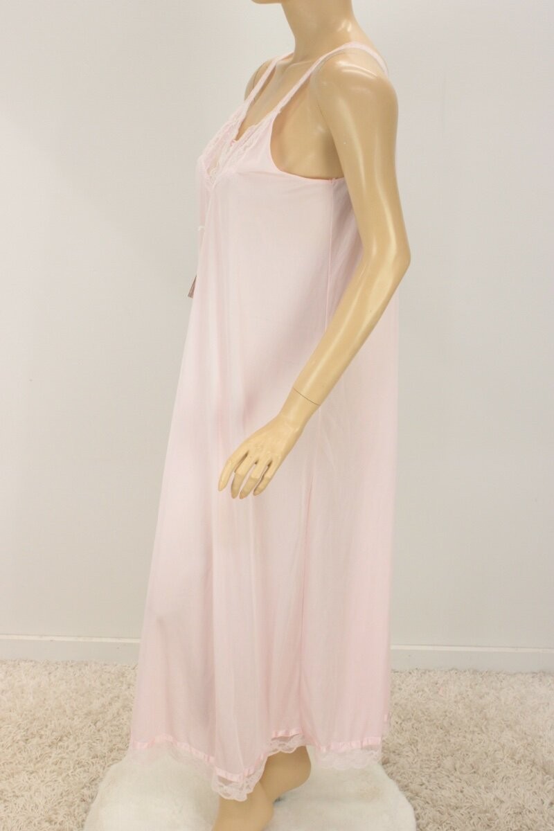 Vtg NWT Texsheen Lingerie Nightgown Medium Pink Nylon Lace Long Nightie Girly