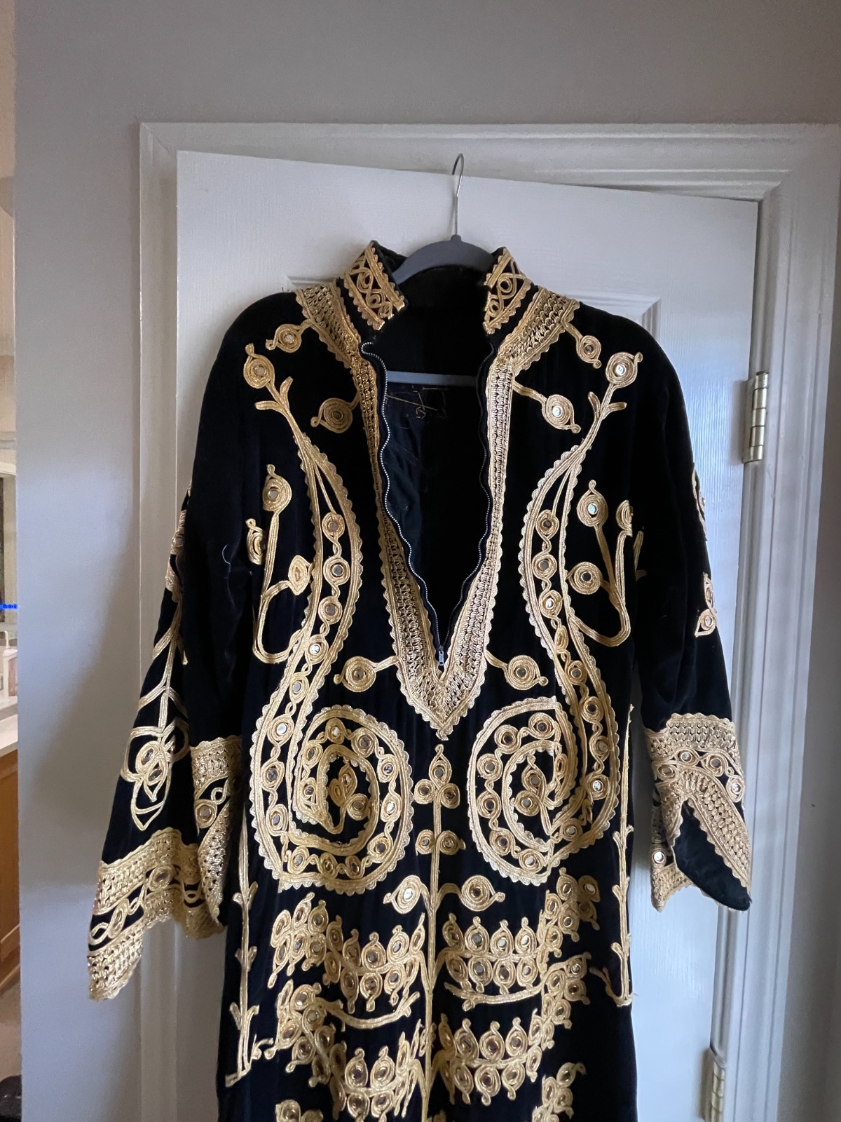 Vintage Black Velvet Dress with Mirrors and Gold Brocade Embellishments