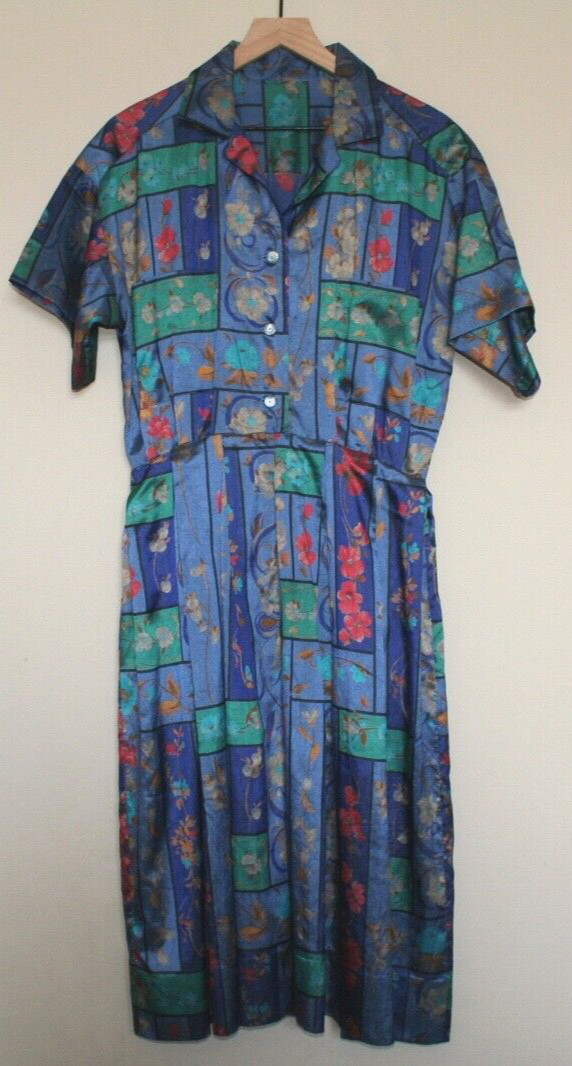 Vintage Dress Shirt 70s 80s Secretary Fit Flare Silky Print Medium 8 10 Grandma