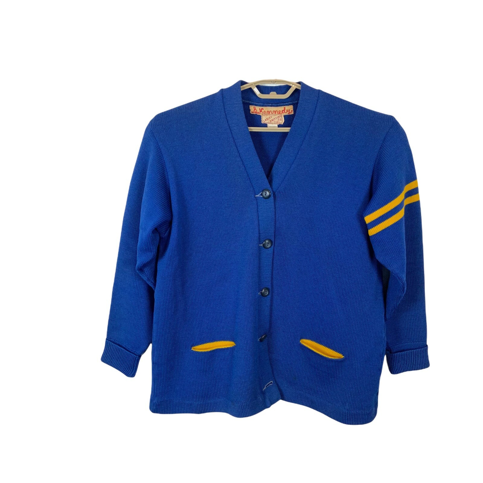 Letterman Varsity Sweater Women SZ XL Vintage Lasley Knitting Co Blue Gold Wool