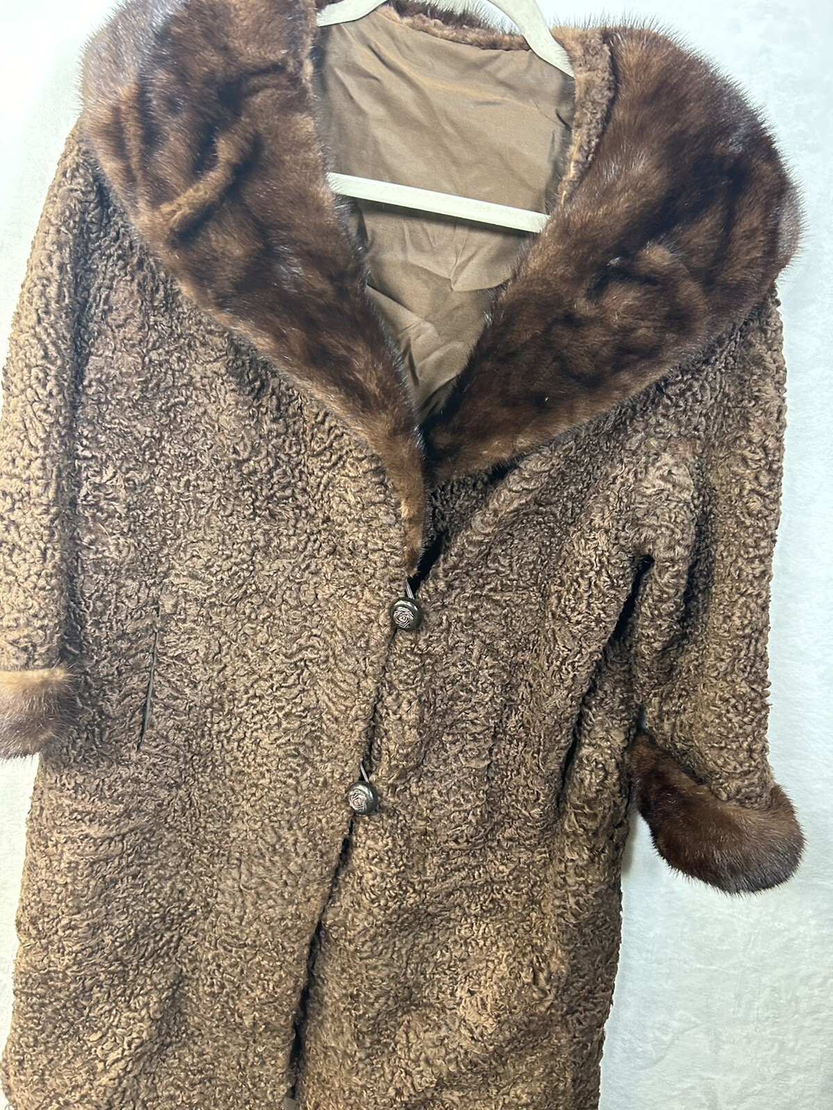 Vintage 1950’s Curly Dark Brown Persian Lamb Wool Coat with Mink Collar