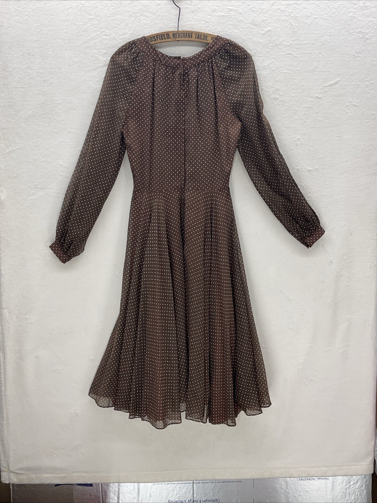 Vtg Brown White Swiss Dot Sz 12 Fit/Flair Long Sleeve Sheer Lined Twirl Retro