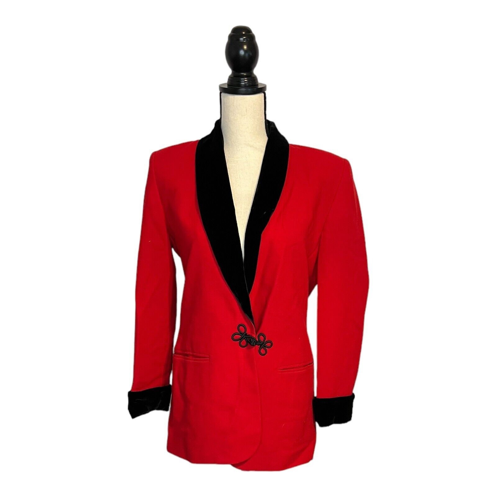 Vintage Valerie Stevens Red Wool Blazer Womens 2 Black Velvet Trim Jacket