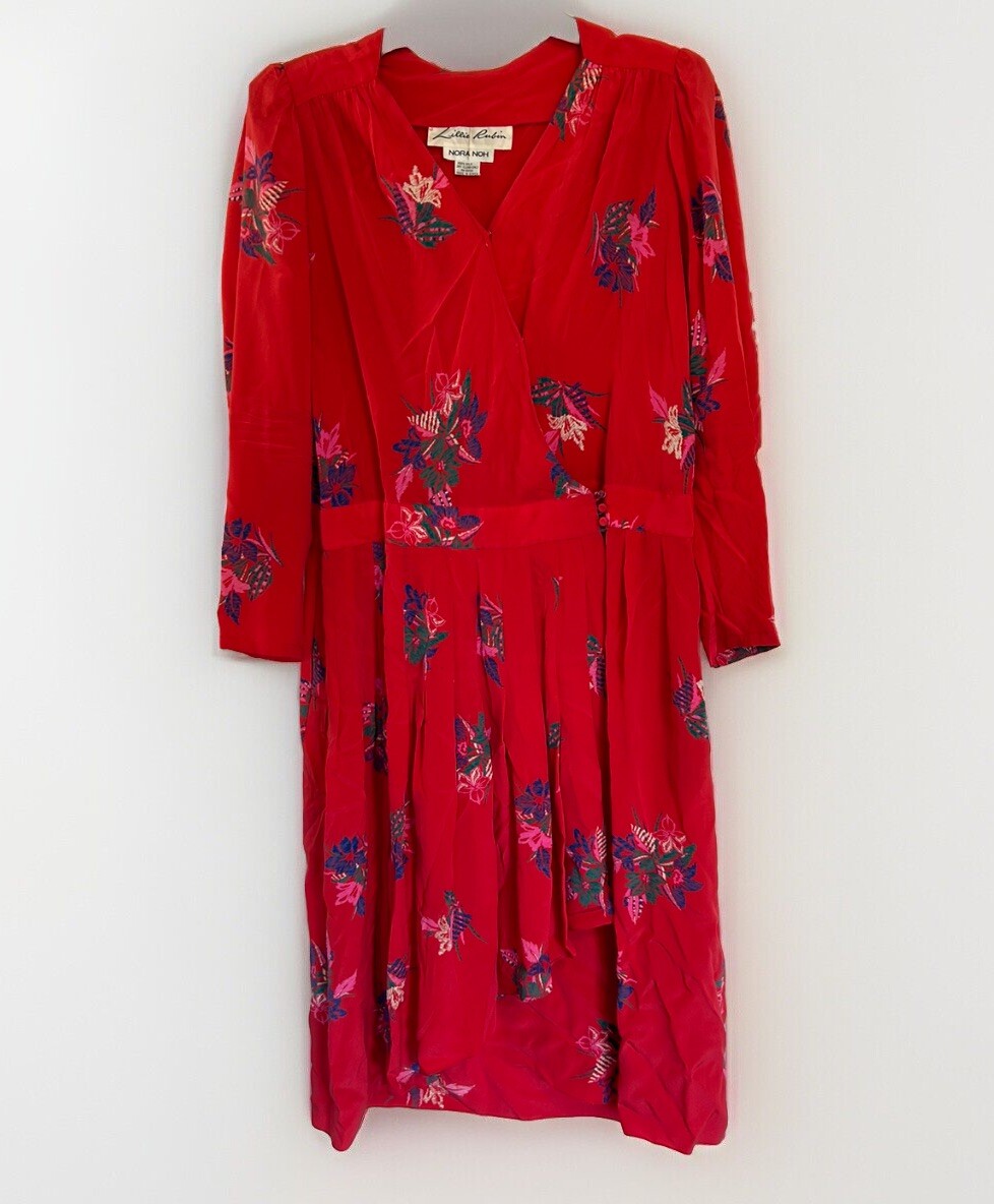 Vintage Lillie Rubin Nora Noh 100% Silk Midi Dress Floral Retro 16 Wrap Red