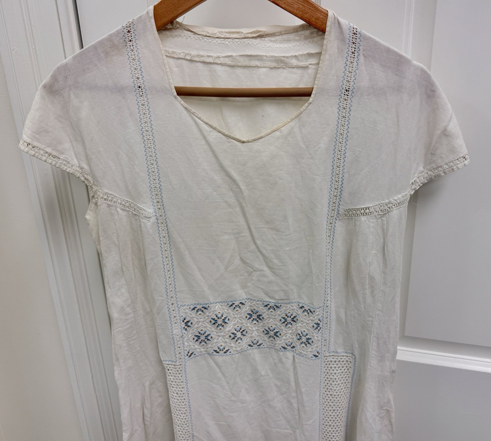 1920’s Antique Hand Embroidered Linen Chevron Lace Cottagecore Cream Lawn Dress