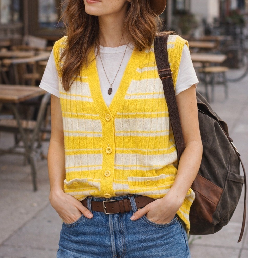 Vintage Center Stage Yellow White Striped Knit Button Front Cardigan Vest Pocket