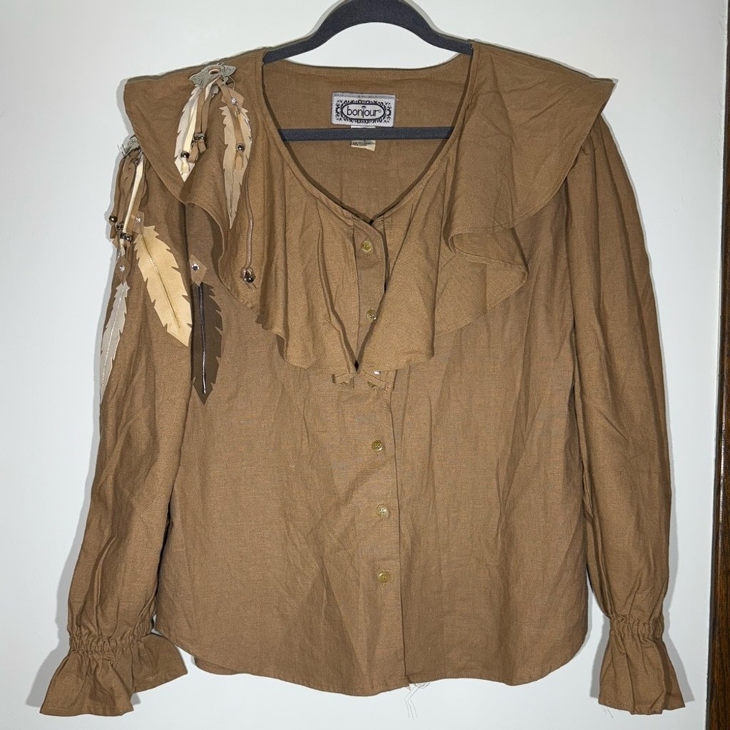 Vintage Bonjour Feather Embellished Blouse Native American Buffalo Western