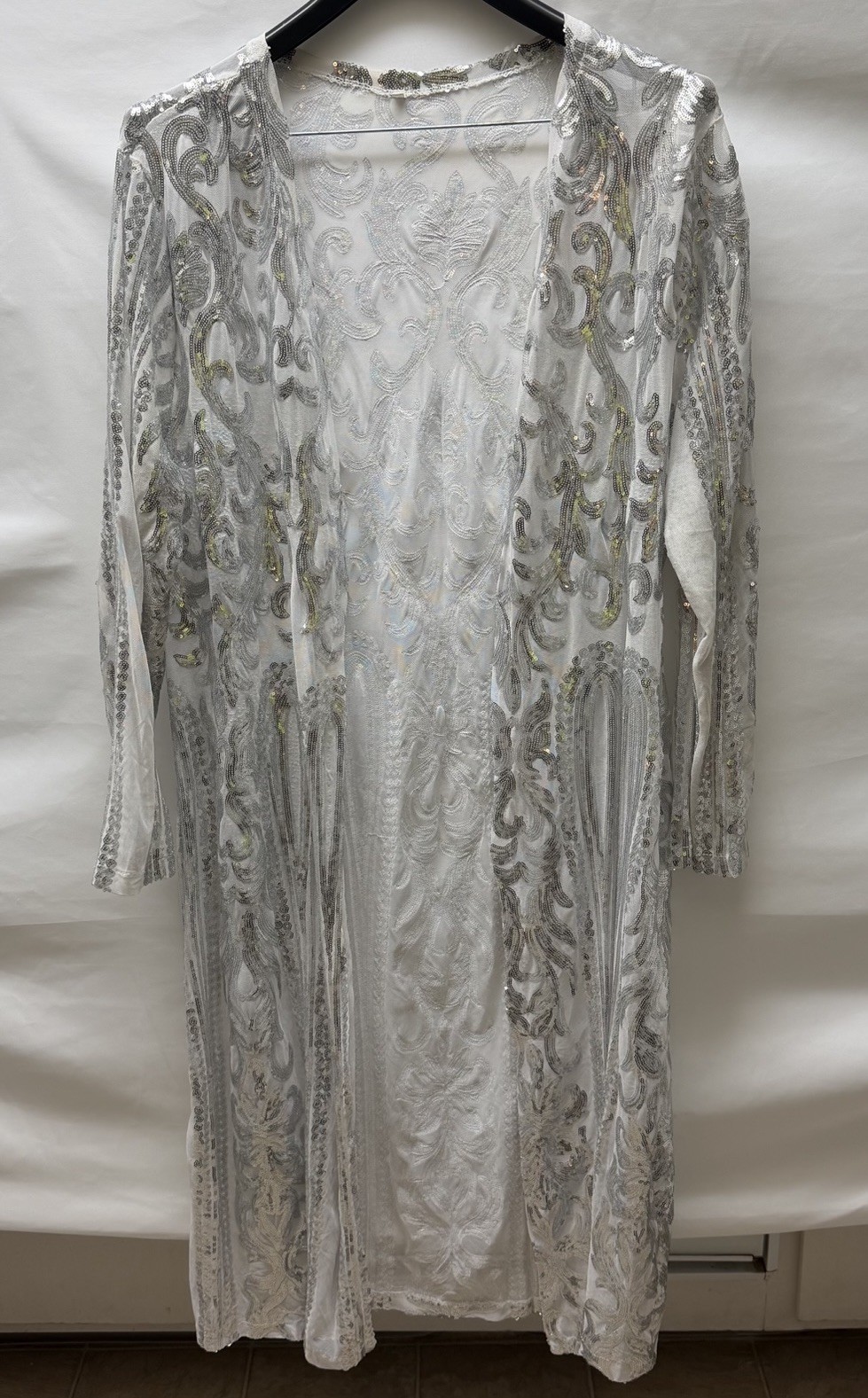 Vintage White Sheer Beaded Sequin Art Deco Long Sleeve Duster Dress 4XL.