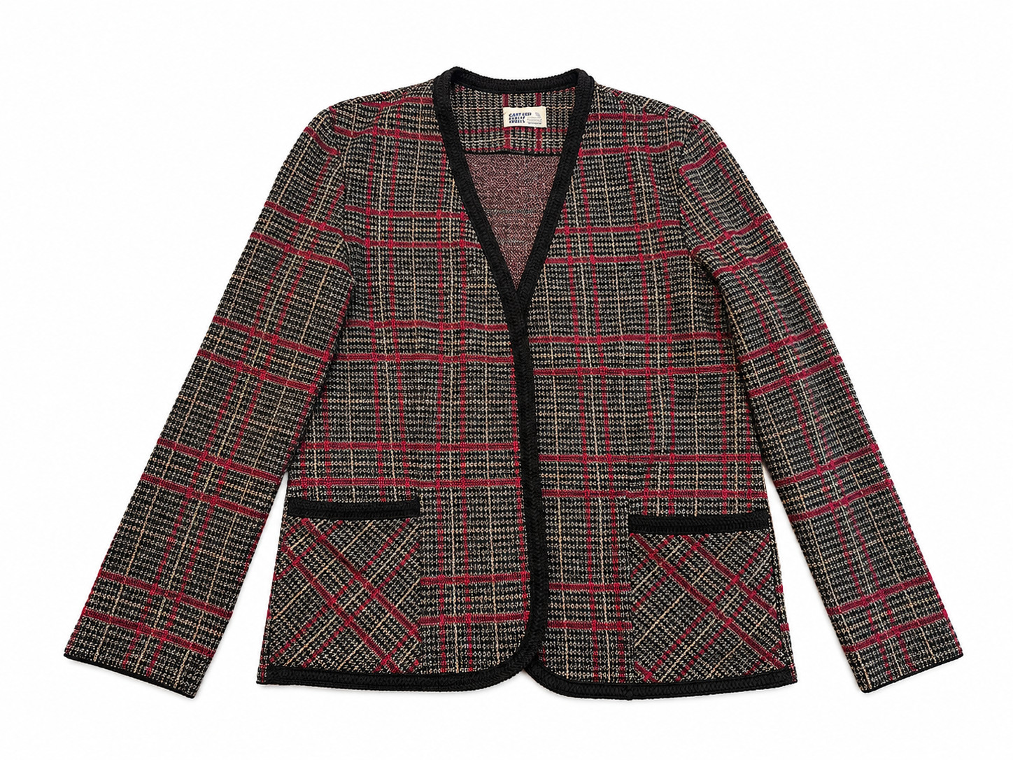 VTG 80s Cape Cod Match Mates Plaid Tweed Jacket Blazer Collarless Red Black M US