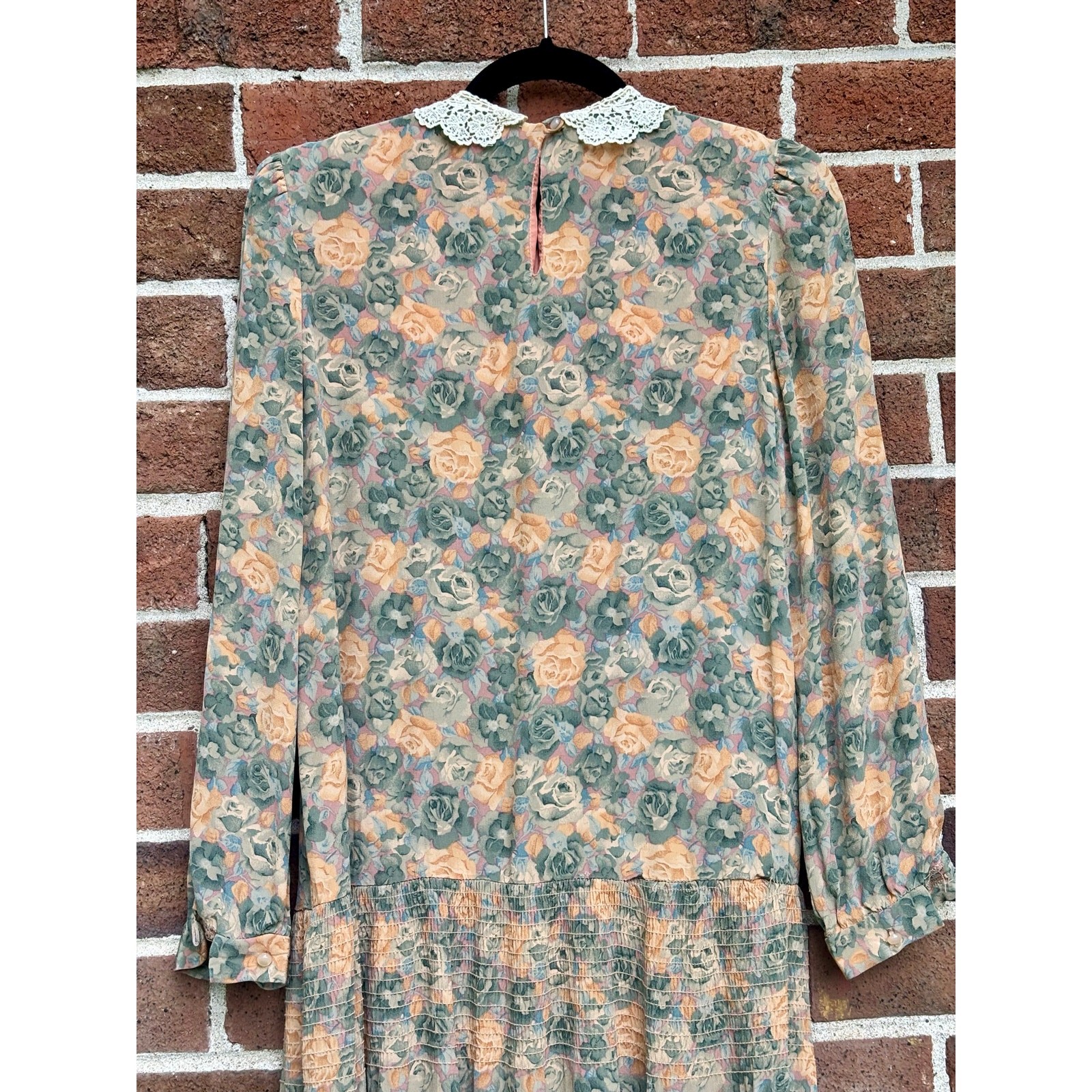 Vintage 80s Taurus II Floral Prairie Dress Lace Collar Drop Waist Pink Green