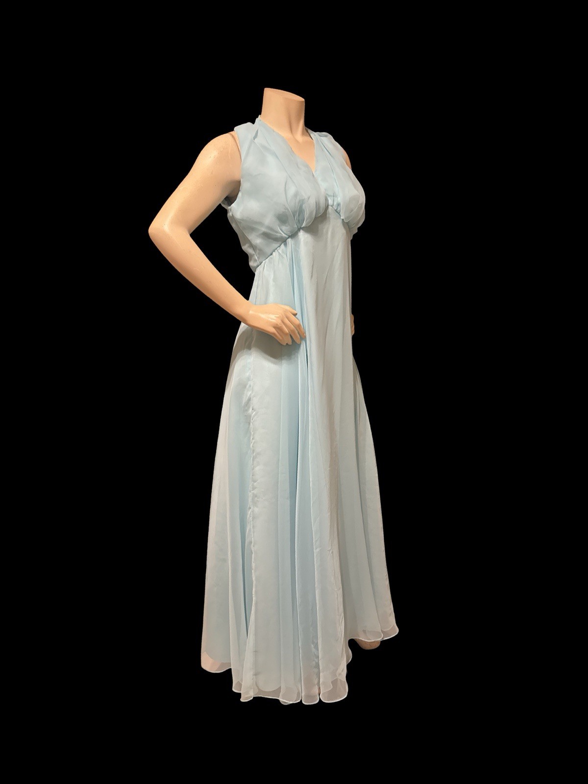1970s Blue Chiffon Hostess Maxi Dress Empire Waist Cape Overlay MIL Dress 14 VTG
