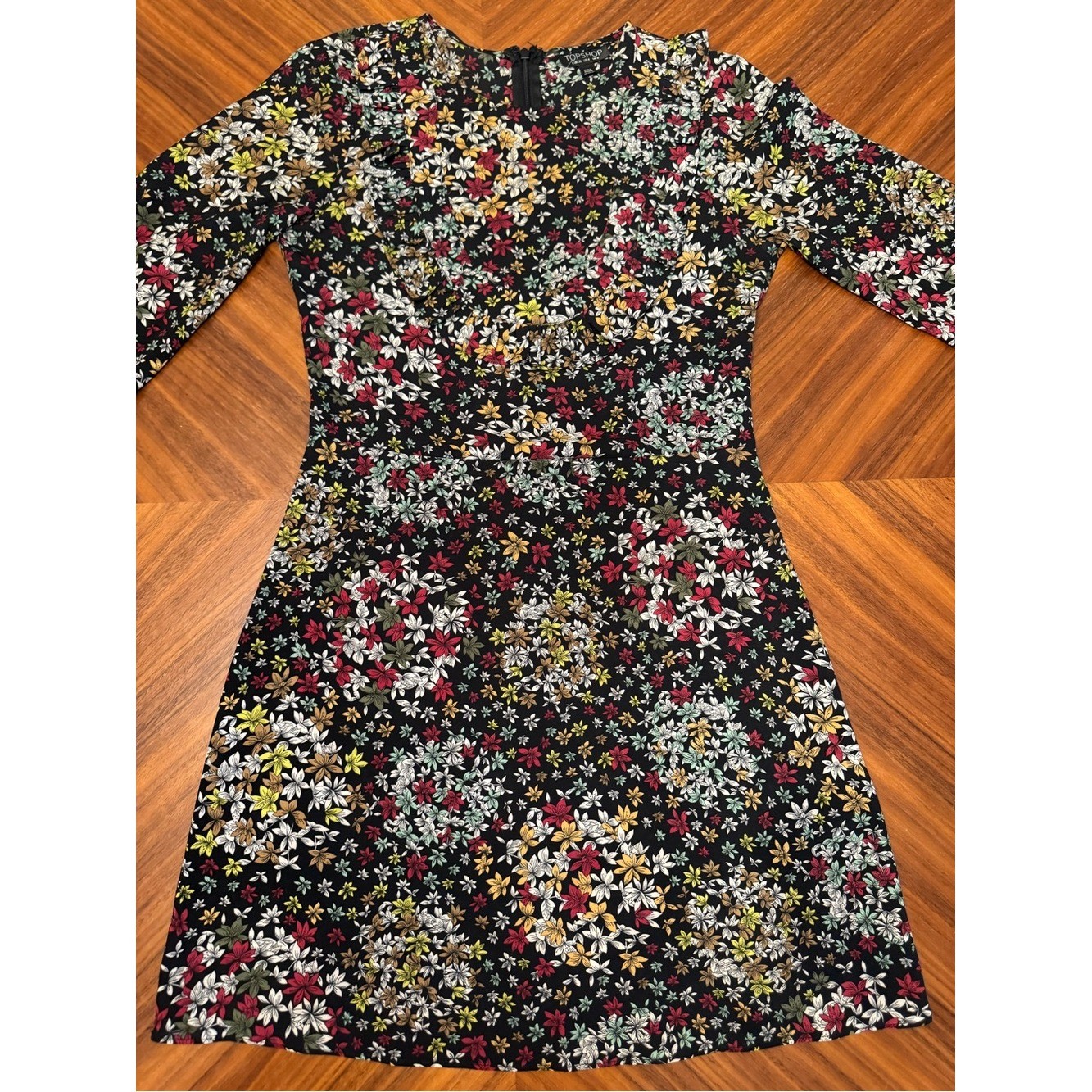 Topshop Floral Ruffle Mini Dress Black Multi Long Sleeve US 4 EU 36