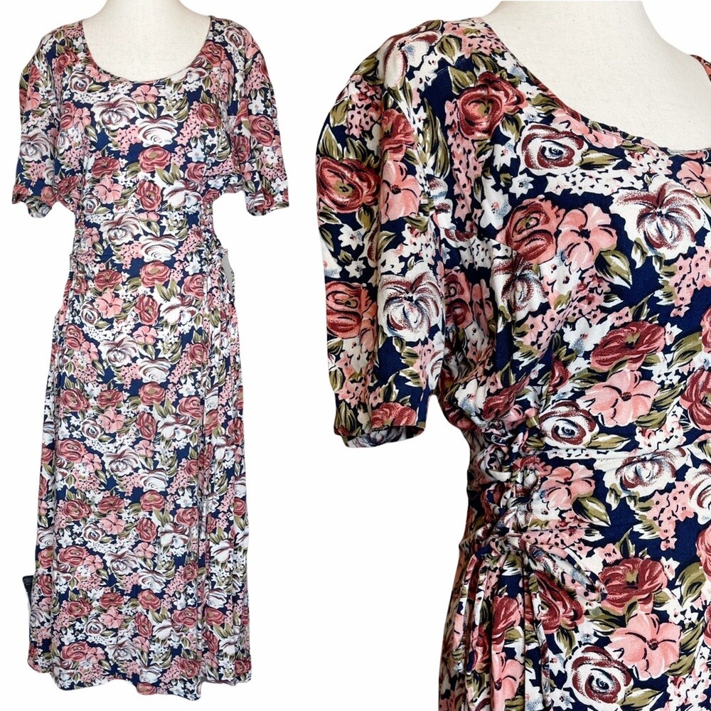 Vintage 90s Floral Lace Up Sided Cottagecore Midi Dress
