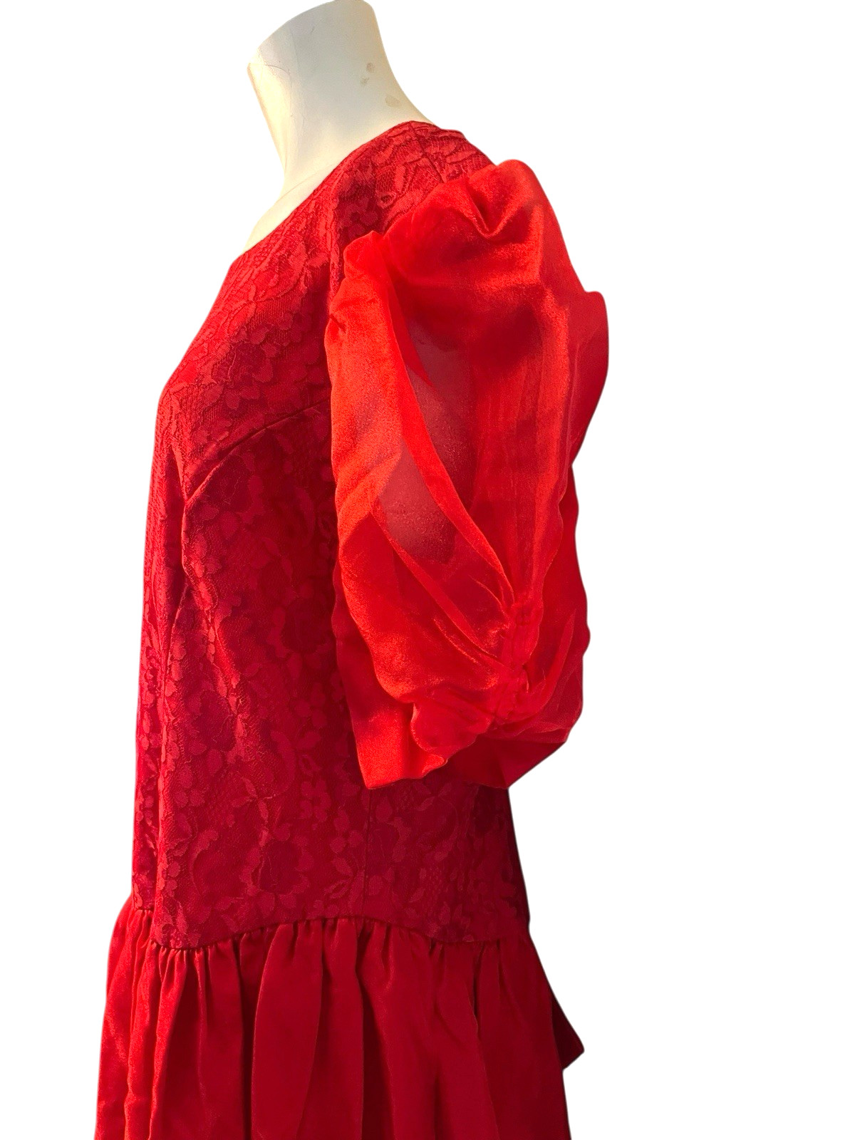 XL Red Puff Sleeve Lace Satin Bow Retro Gown 1950s Handmade Tulle Maxi Dress