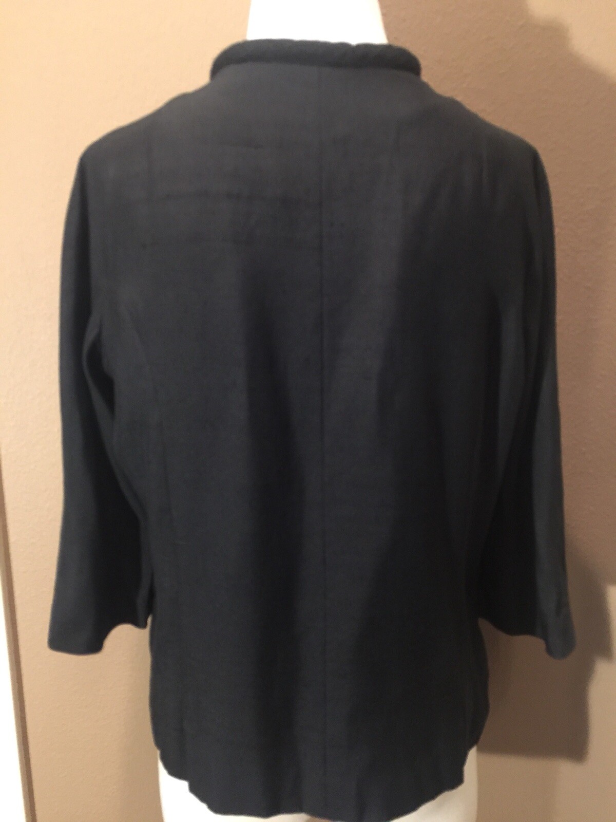 Vintage Retro 10/12 L Black Collarless Jacket W 3/4 Sleeves & Pockets