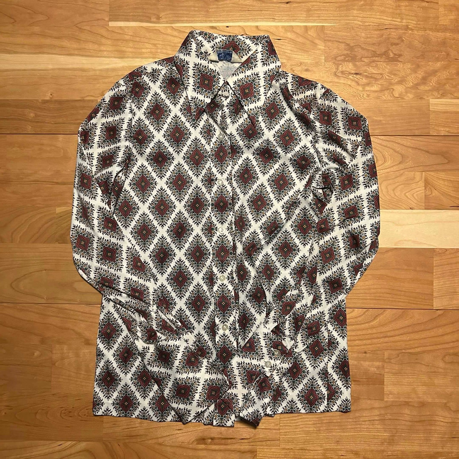 Vintage Sears Perma Prest Womens 12 Geometric Diamond Print Button Up Shirt 70s