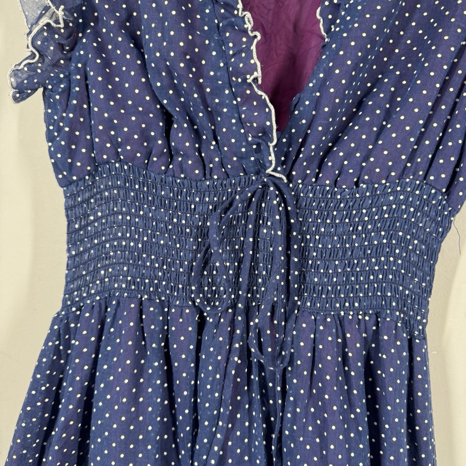 Vtg Ruffle Maxi Dress Sheet Blue Polka Dot Over Lining JC Penny Women Sz 11/12