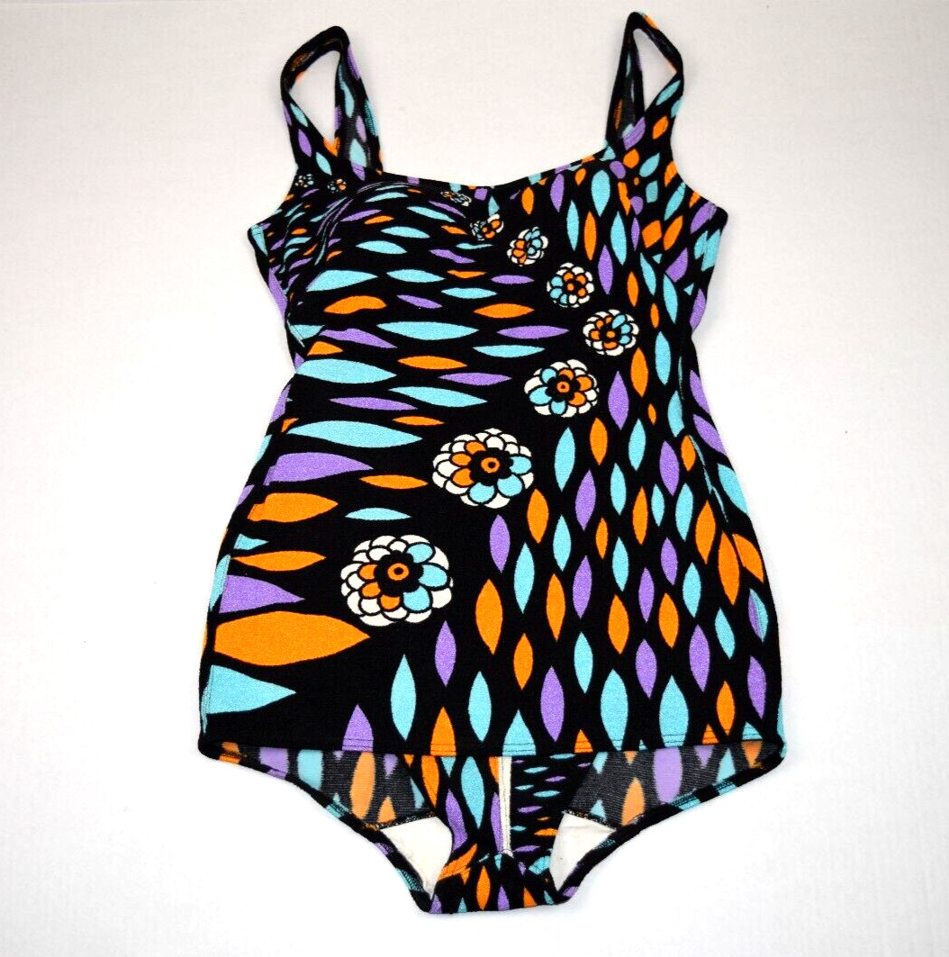 Vintage Swimsuit Gottex Size S/M 60s Fluorescent Mod Floral Surfboard Shapes
