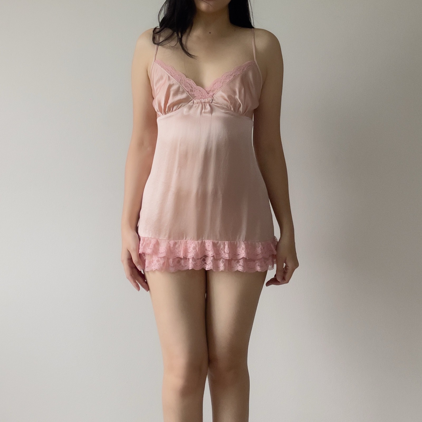 Vintage Victoria’s Secret Blush Peach Pink Silk Lace Mini Slip Dress (M)