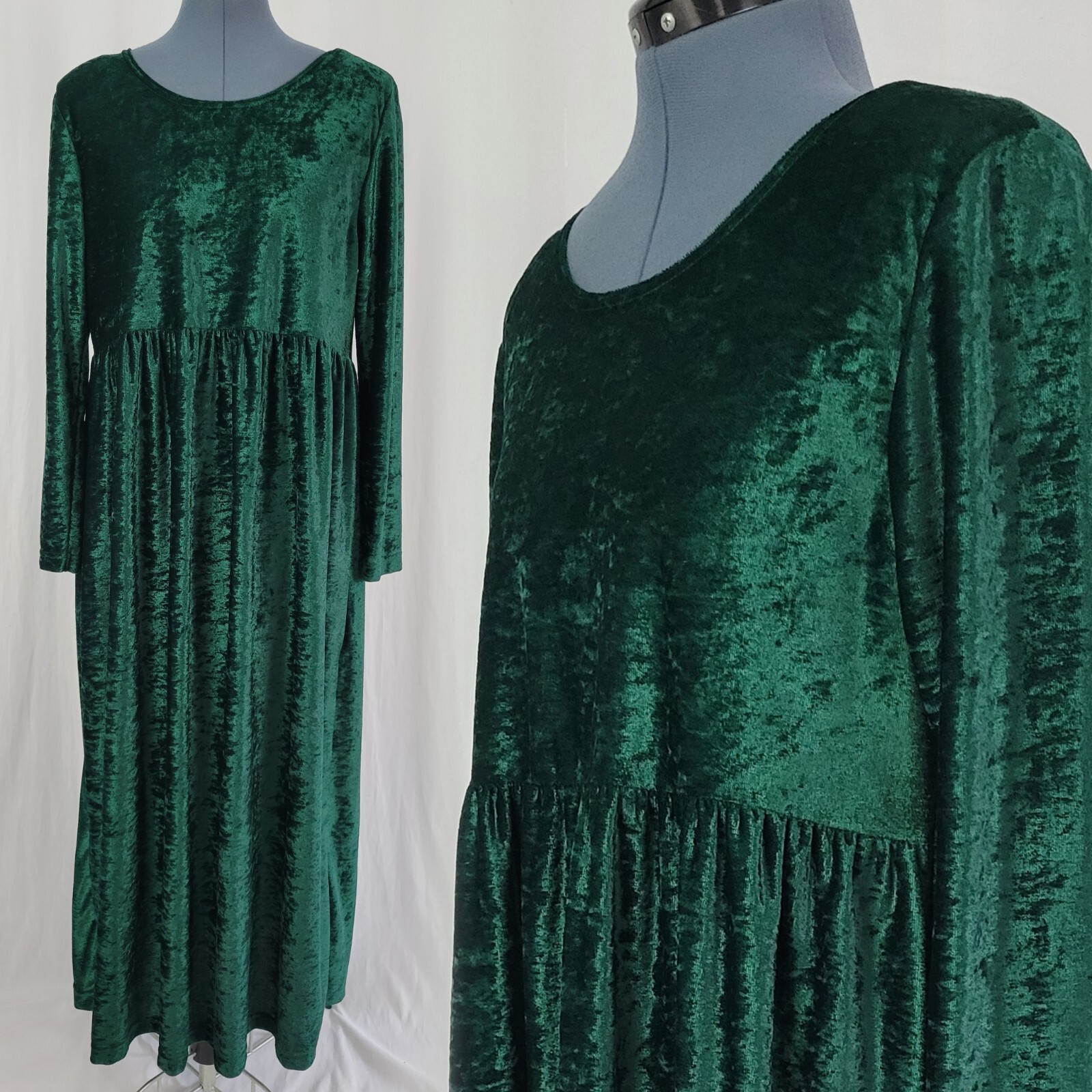 Vintage Sunbelt Green Crushed Velvet Dress w Gathered Skirt Size Small