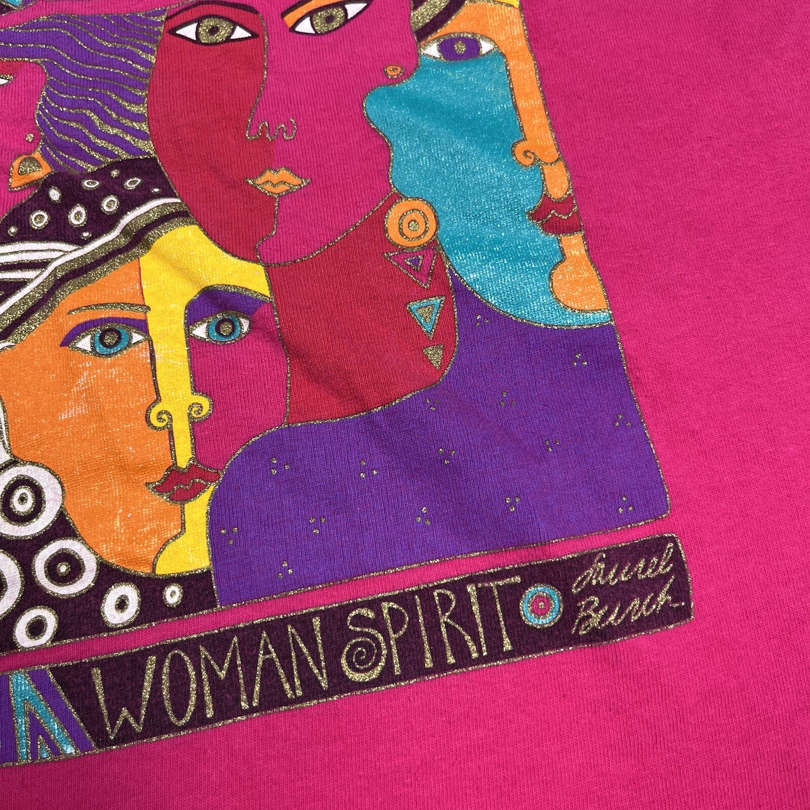 Vintage Laurel Burch Woman Spirit Pink Glitter Art To Wear T Shirt