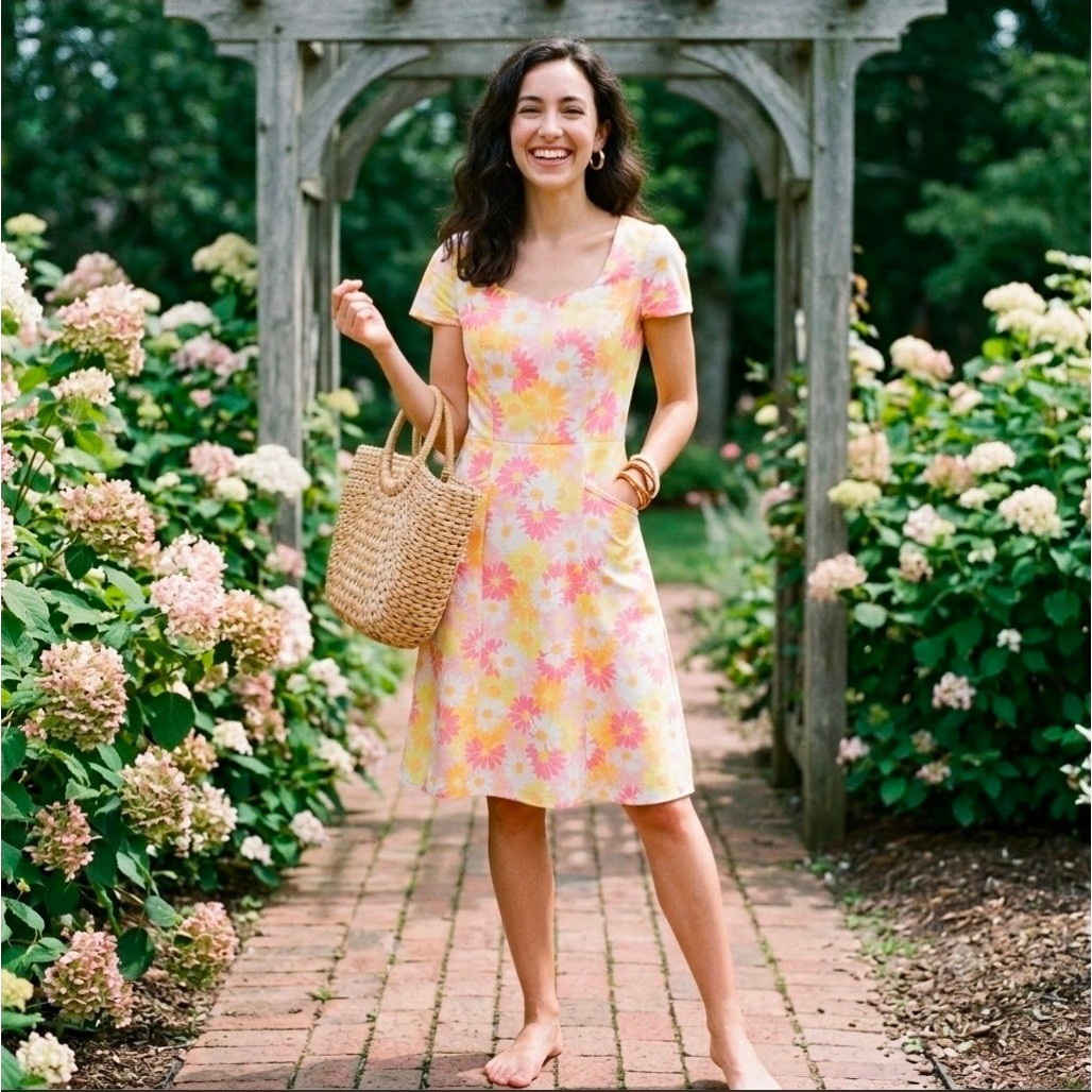 Handmade Vintage Floral Daisy Print Dress Sweetheart Neck Pink Yellow Size 4