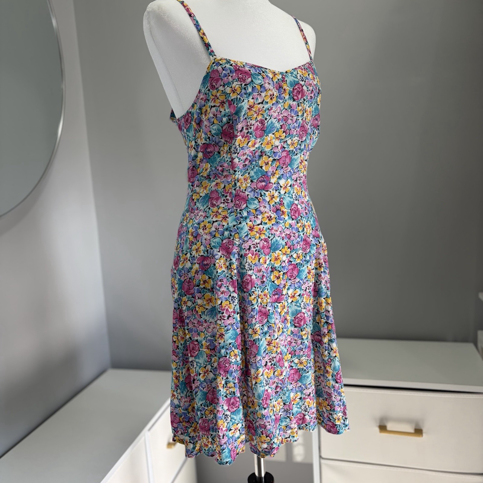 Vintage 90s Shok Floral Mini Dress Size 9 Cottagecore Sundress Summer USA Made