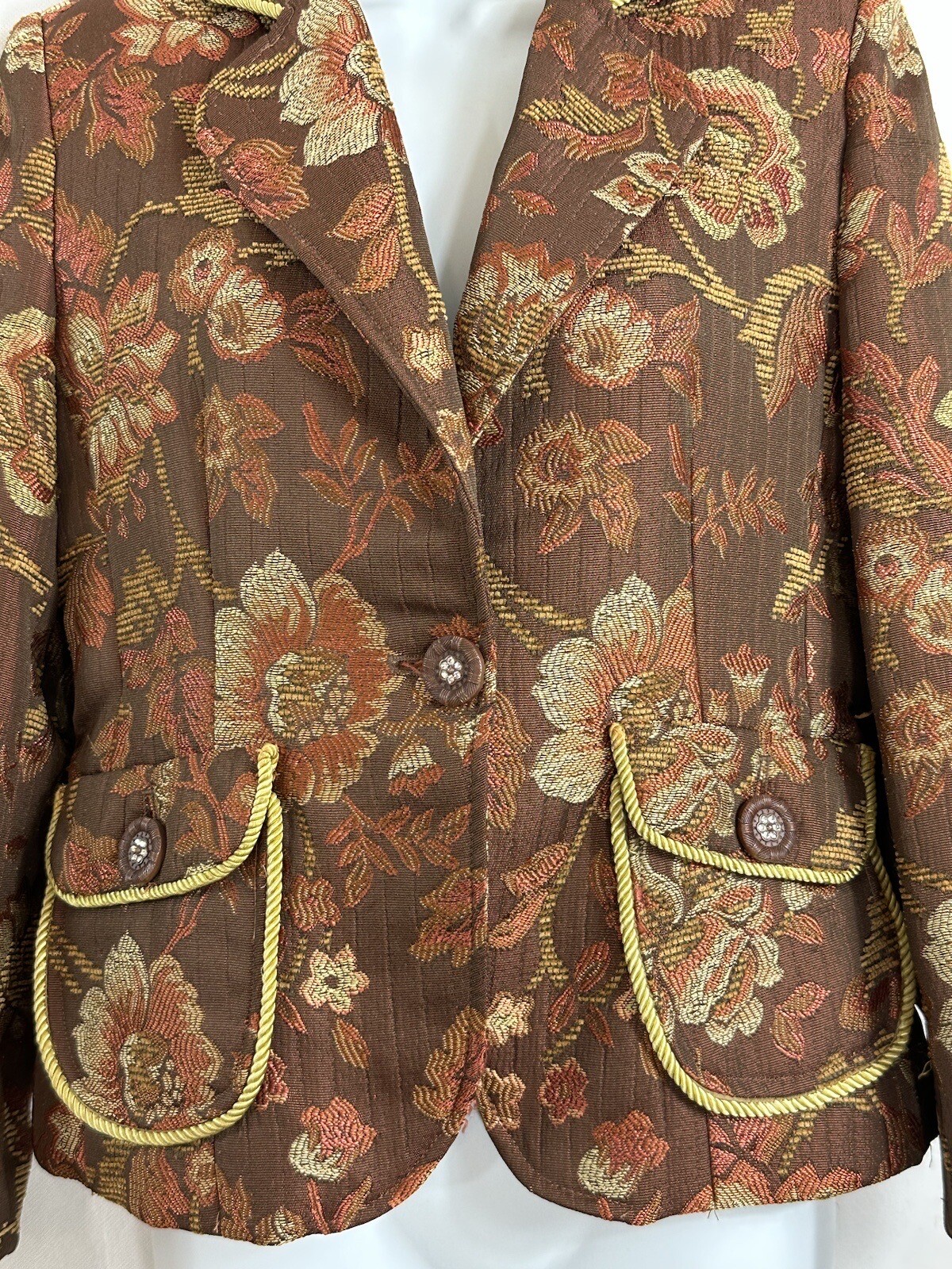 Vintage Ninety Sz 4 Floral Tapestry Woven Blazer Jacket Faux Diamond Buttons Pkt