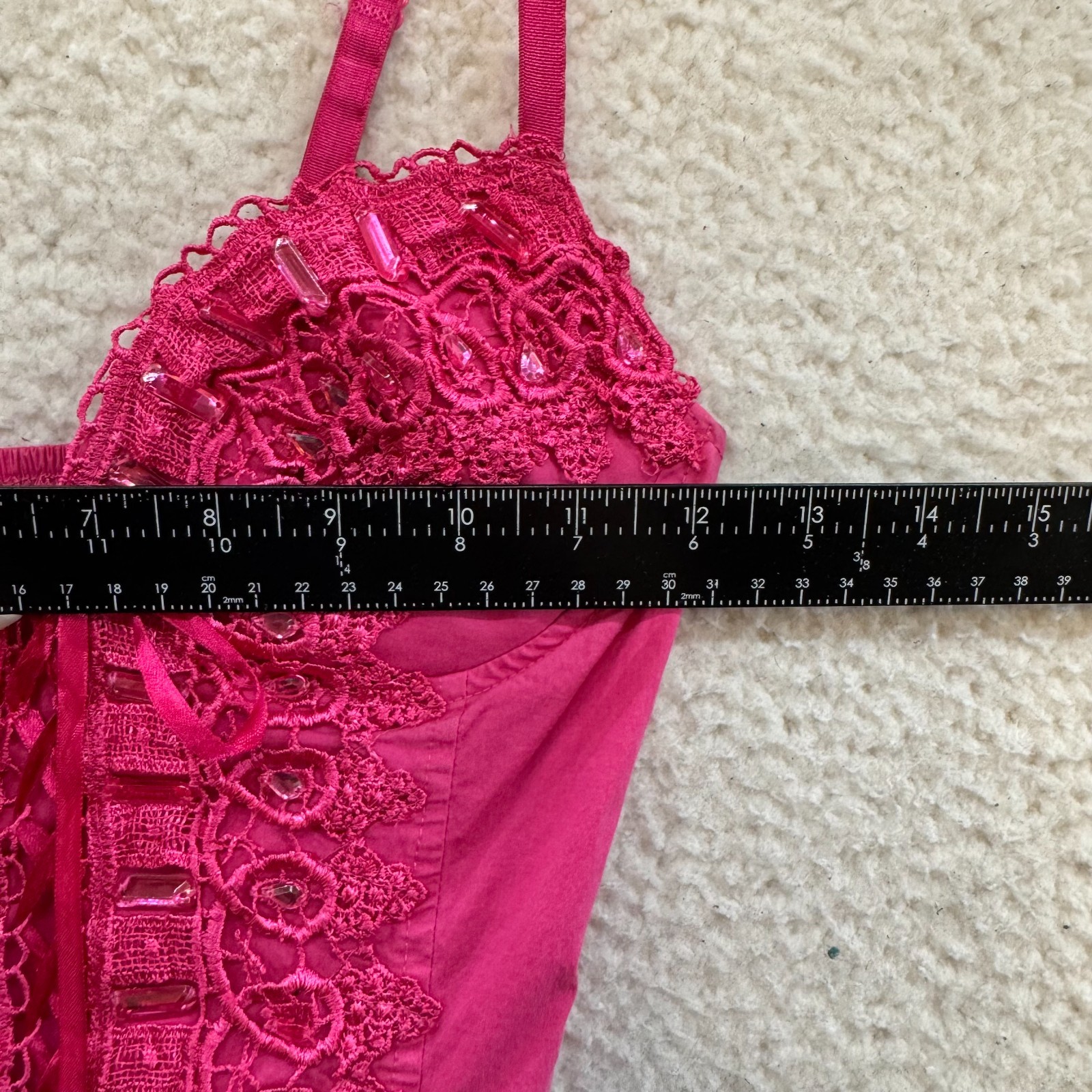 Y2K Vintage Corset Bustier Top XS Small Pink Rhinestone Embroidered Padded