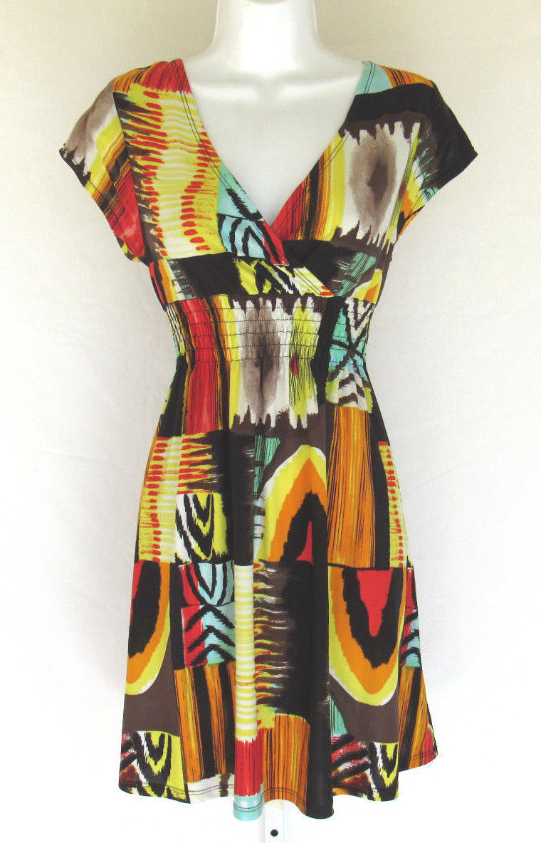 VINTAGE 1980s 90s MOD COLOR BLOCK SUN DRESS POLY SPANDEX