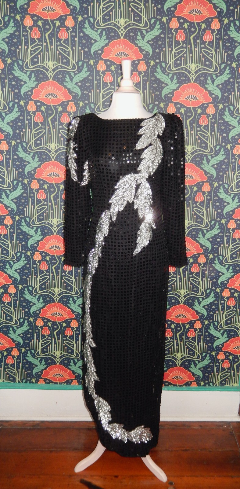 Vintage 80’s 90’s Dallas Dynasty Dress Black Silver Sequin Beaded Backless Gown