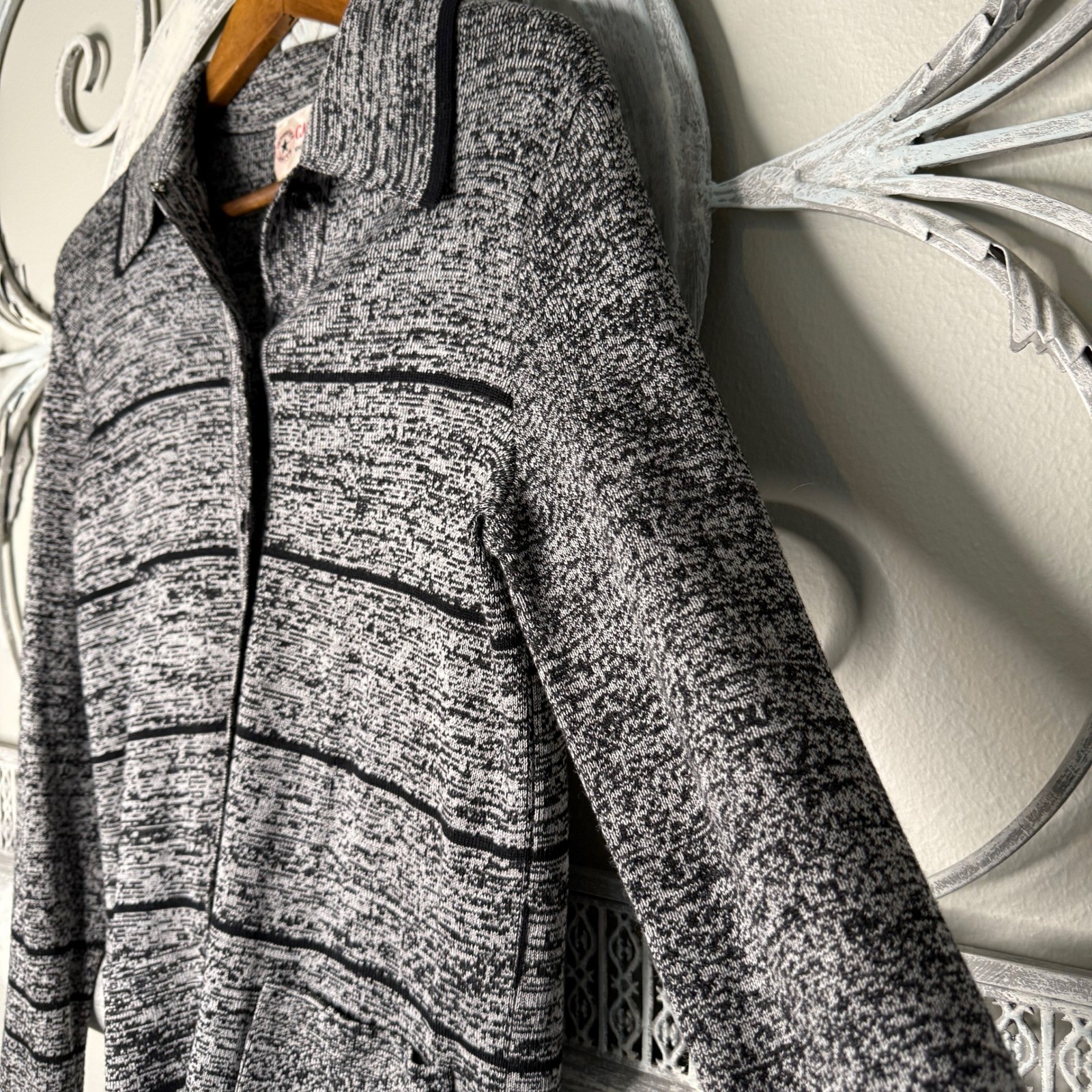 Vintage Carnaby Knit Fashions Grey Marled Striped Wool Blend Cardigan Size 14