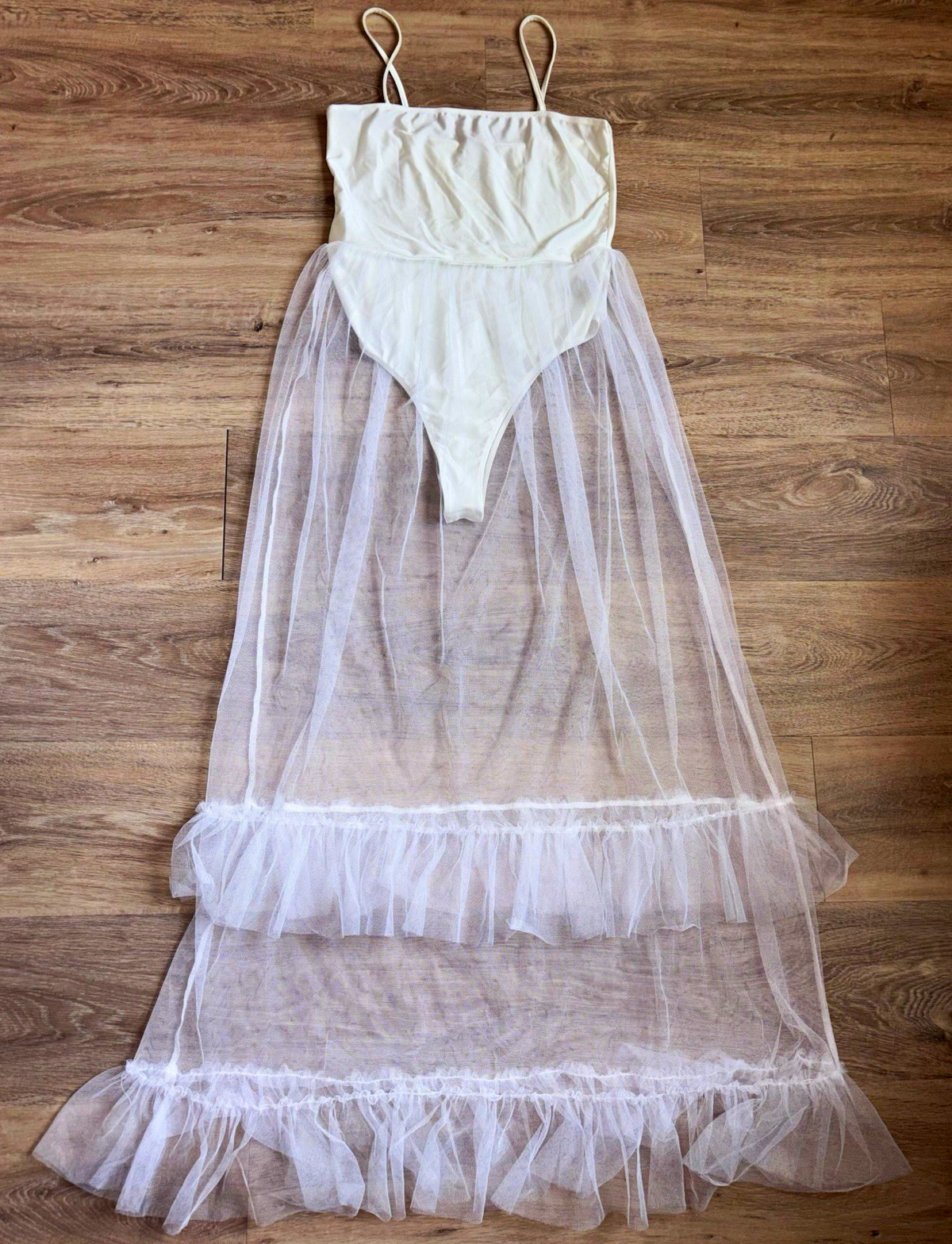White Sheer Tulle Maxi Dress with Bodysuit. Size Large
