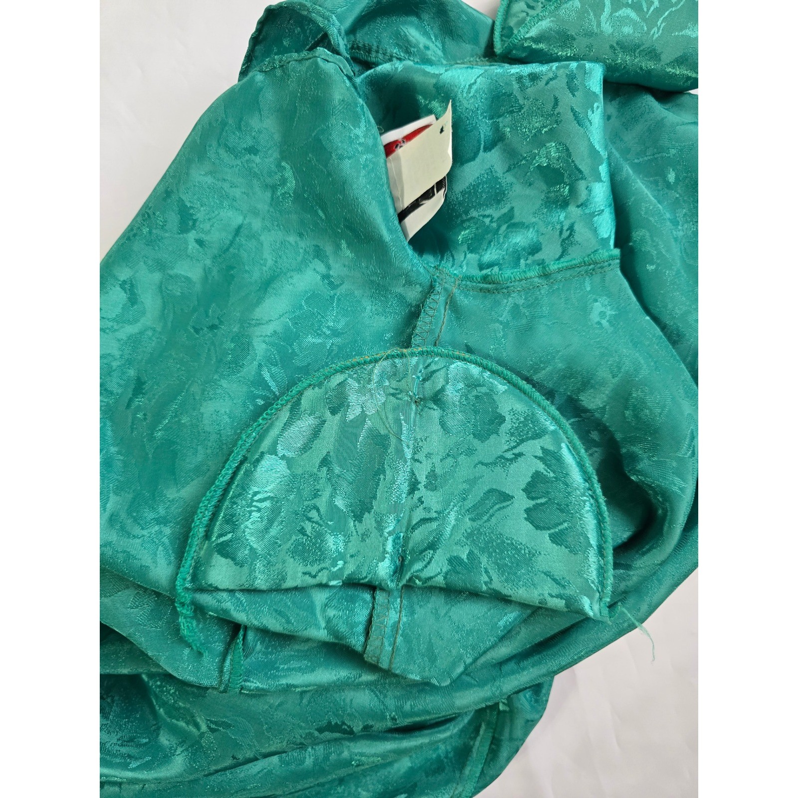 Cindy Collins Vintage Emerald Green Floral Jacquard Mock Neck Blouse Large USA