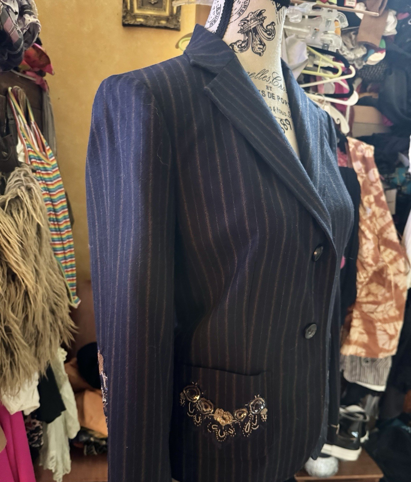Vtg DKNY Donna Karan Navy Striped Beaded Blazer Jacket 8 S M 80s 90s Pockets