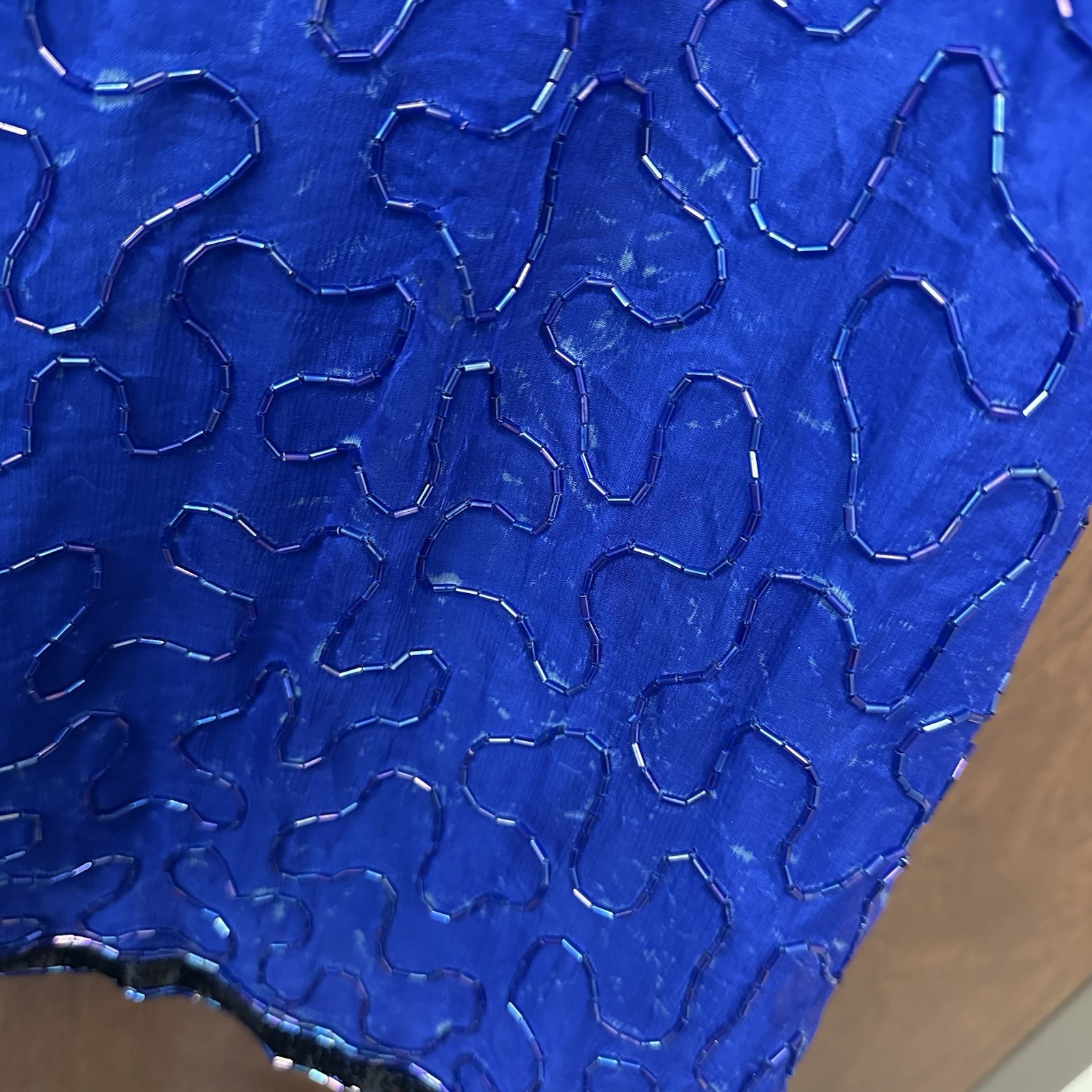 Vintage 80s Royal Feelings Beaded Sequin Party Blouse Silk Rayon Blue Black FLAW