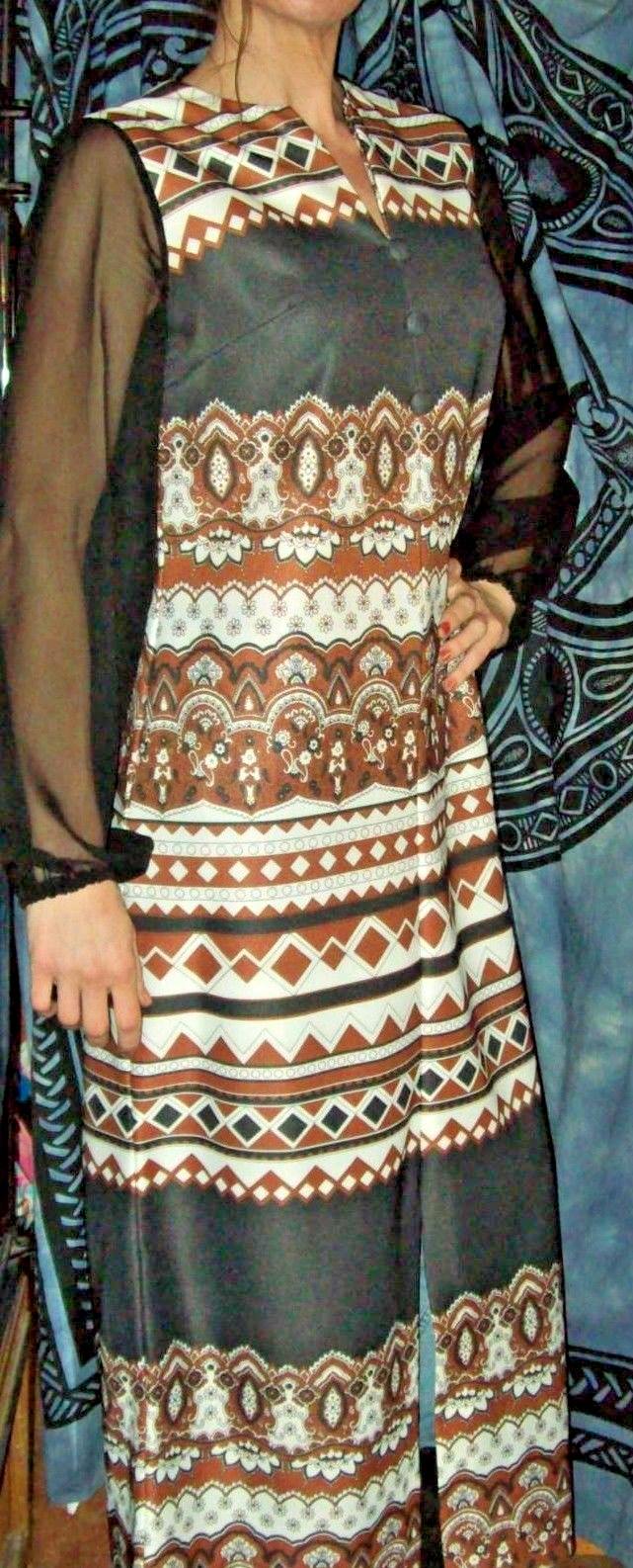 VINTAGE Hippie ALDENS FASHIONS Long Dress fits Med-Lrg 70’s sheer arms browns