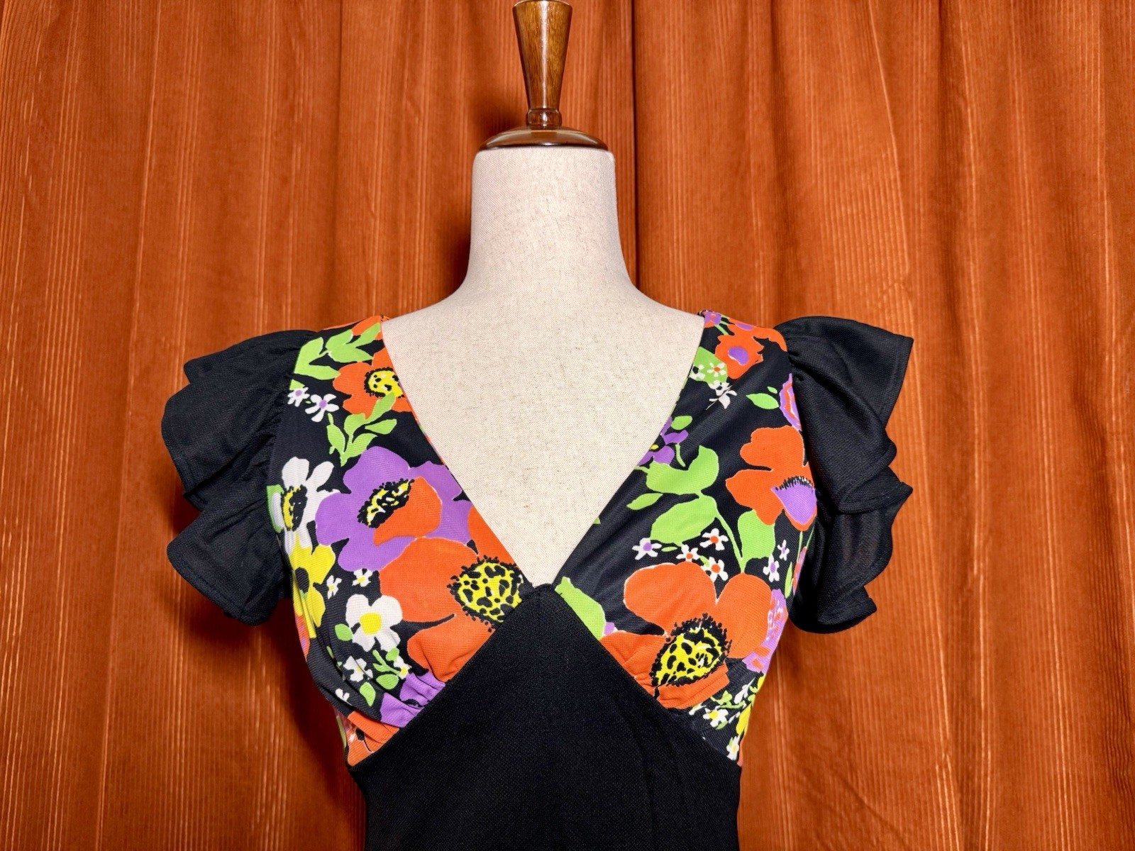 Vintage Handmade 70s Style Floral Maxi Dress Black Open Back Ruffle Sleeve S/M