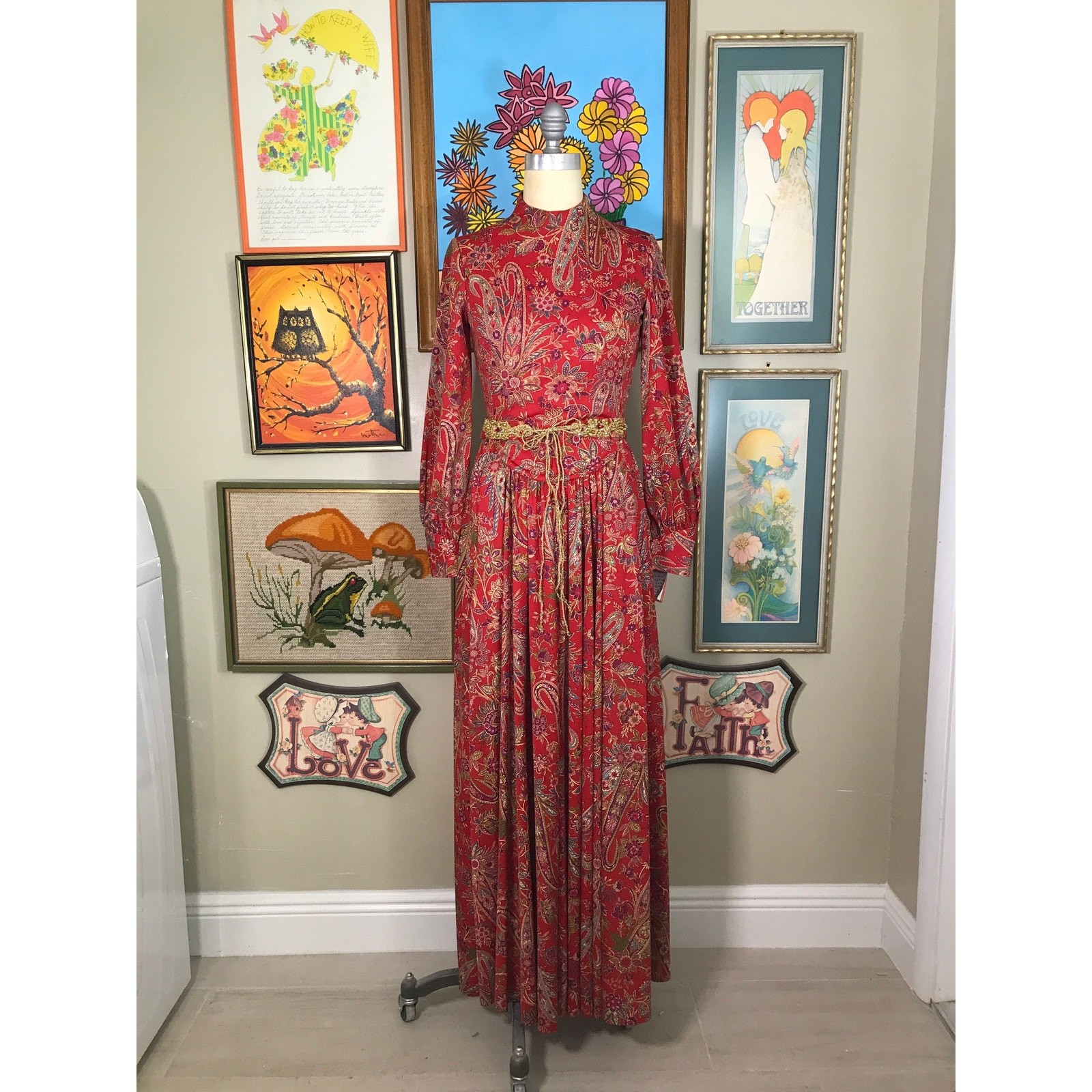Shannon Rodgers Jerry Silverman Vintage 1970s Red Paisley Floral Maxi Dress Belt