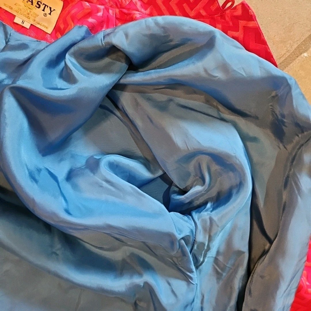Vtg 40s/50s Dynasty Red/Pink Greek Key Blue Asian Robe Slit Sides Silk/Rayon S/M