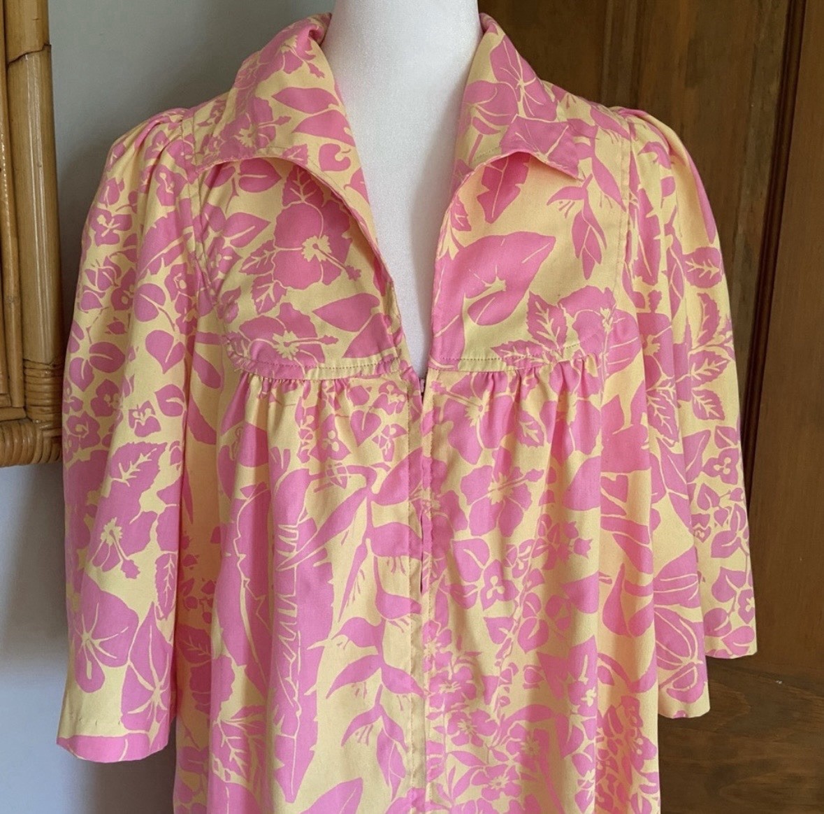 Vintage Ruth Clarage Large Floral Pink Print Mumu House Dress Boho Hand Printed