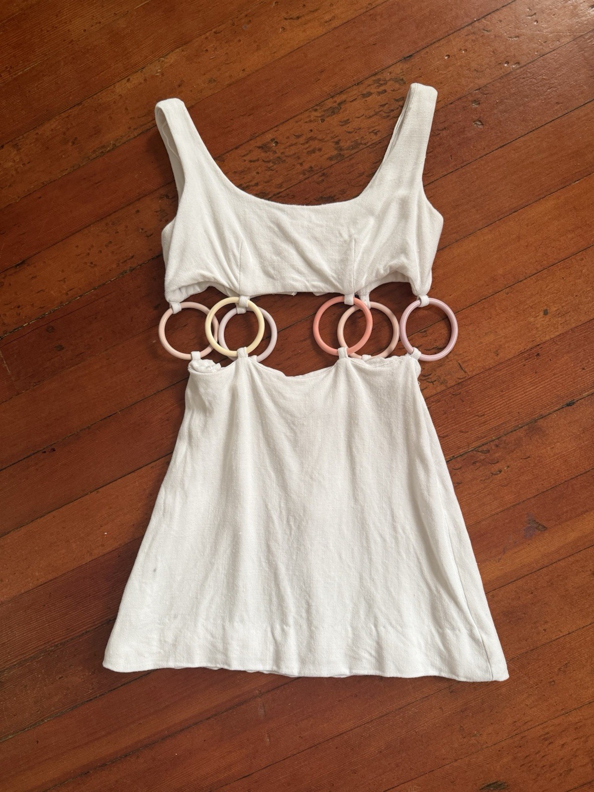1960s Mod Space Age Linen Cutout Waist A-Line Mini Dress Lucite Rings Go-Go XS