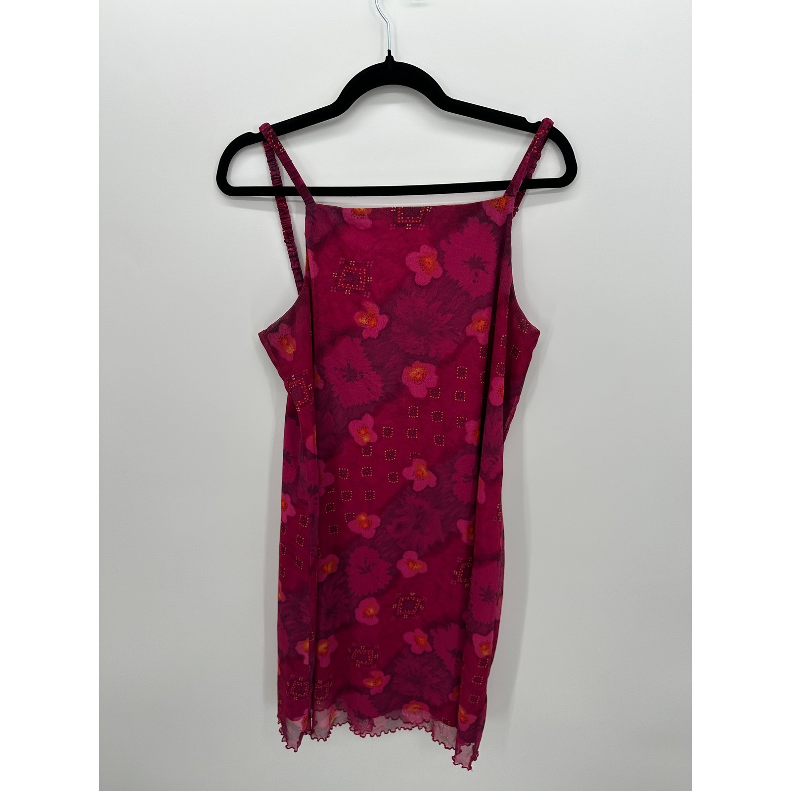 Vtg Y2K Pink Floral Mesh Mini Dress Slip Lettuce Hem Fairycore Coquette Mcbling