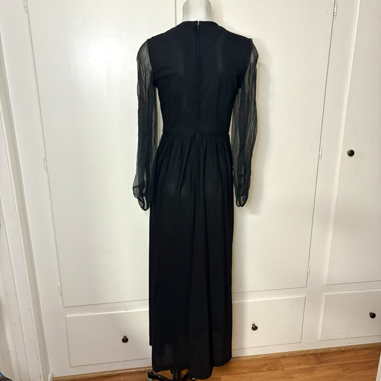 Vintage JC Penney Fashions 60s Womens Black Floral Maxi Dress Sheer Sleeves