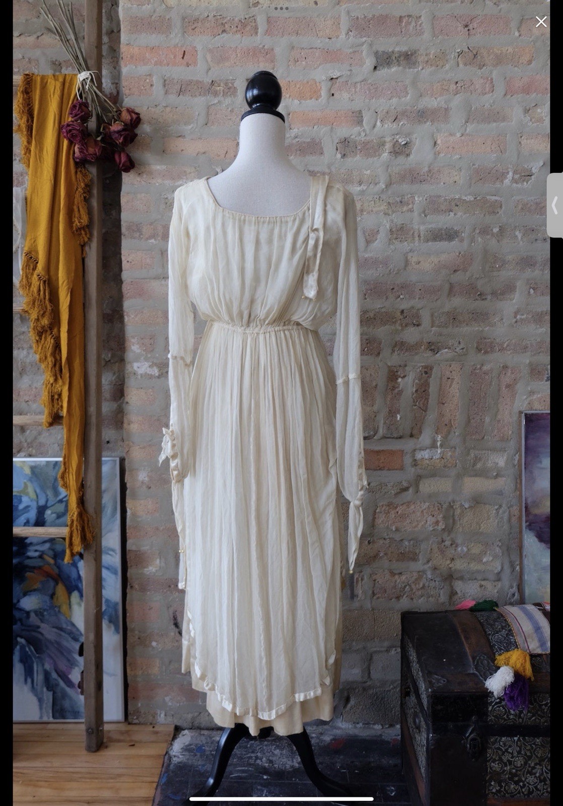 Antique Edwardian Ivory Silk Prairie Dress Empire Waist Cottagecore