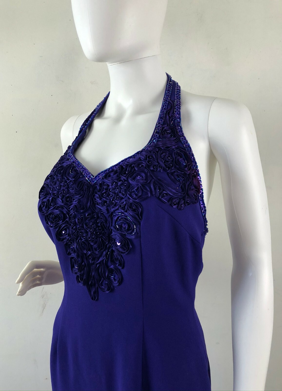 Vintage Dress Purple Halter Gown Size 6 Small Beaded Evening Ankle Length 1980s