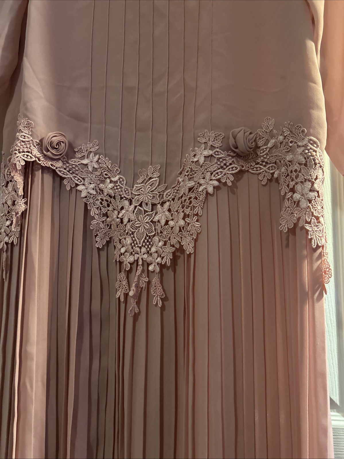 Vtg 80s In The Mood Pink Drop Waist Dress Lace Rosettes Pleated Size 14 Romantic