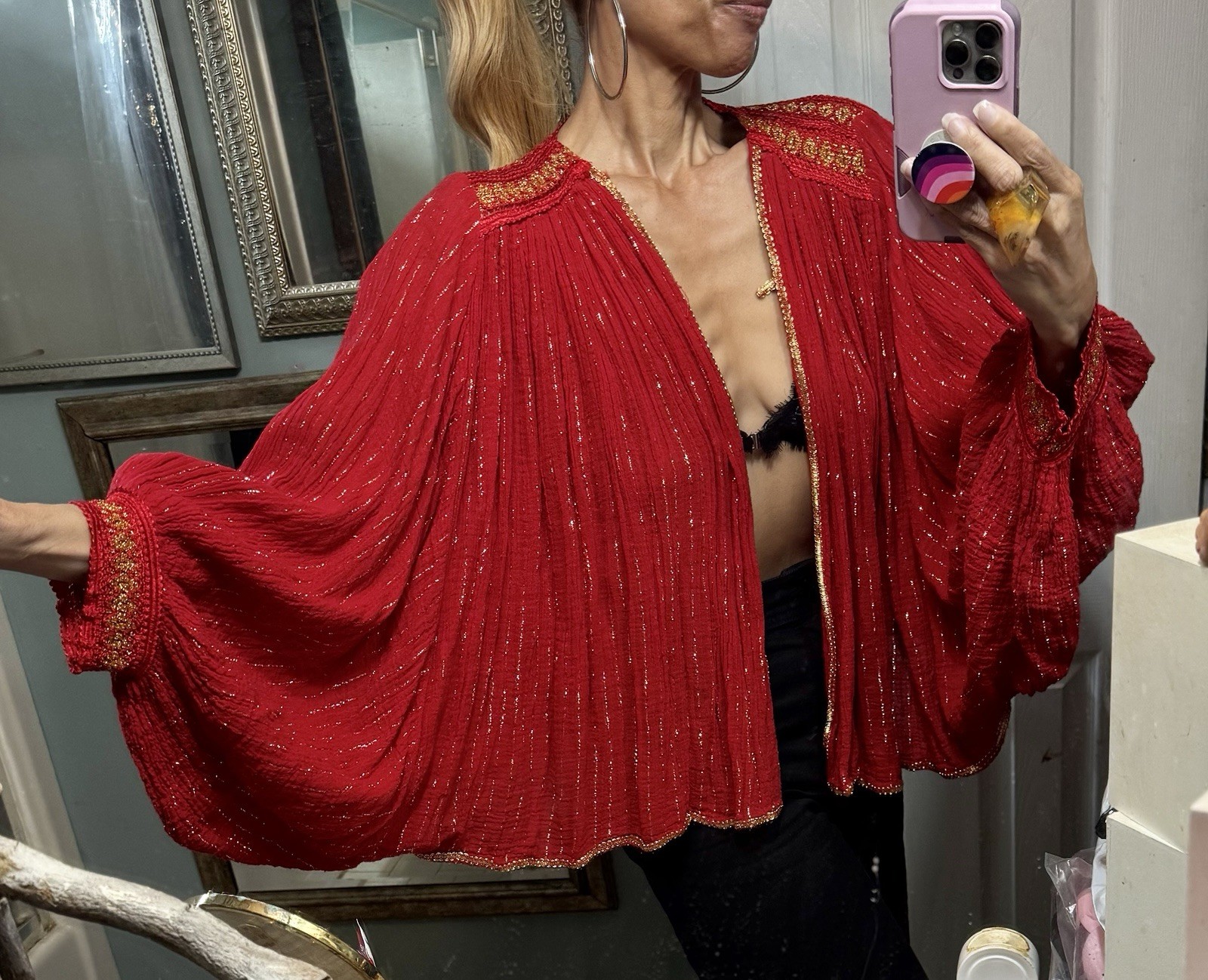 Vtg Cotton Castle Lurex Metallic Red Cocoon Batwing India Sleeves Shirt Top 70s