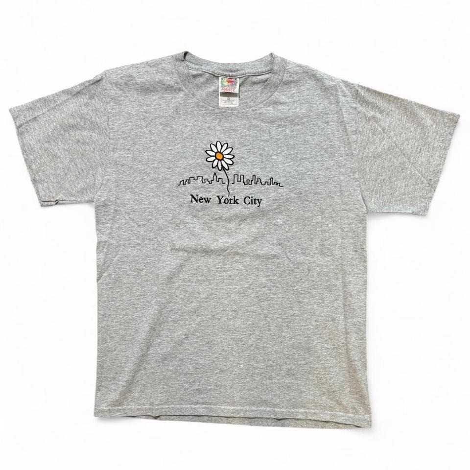 Grey Vintage 90s New York City NYC USA Skyline Daisy Flower T-shirt M 19×24″
